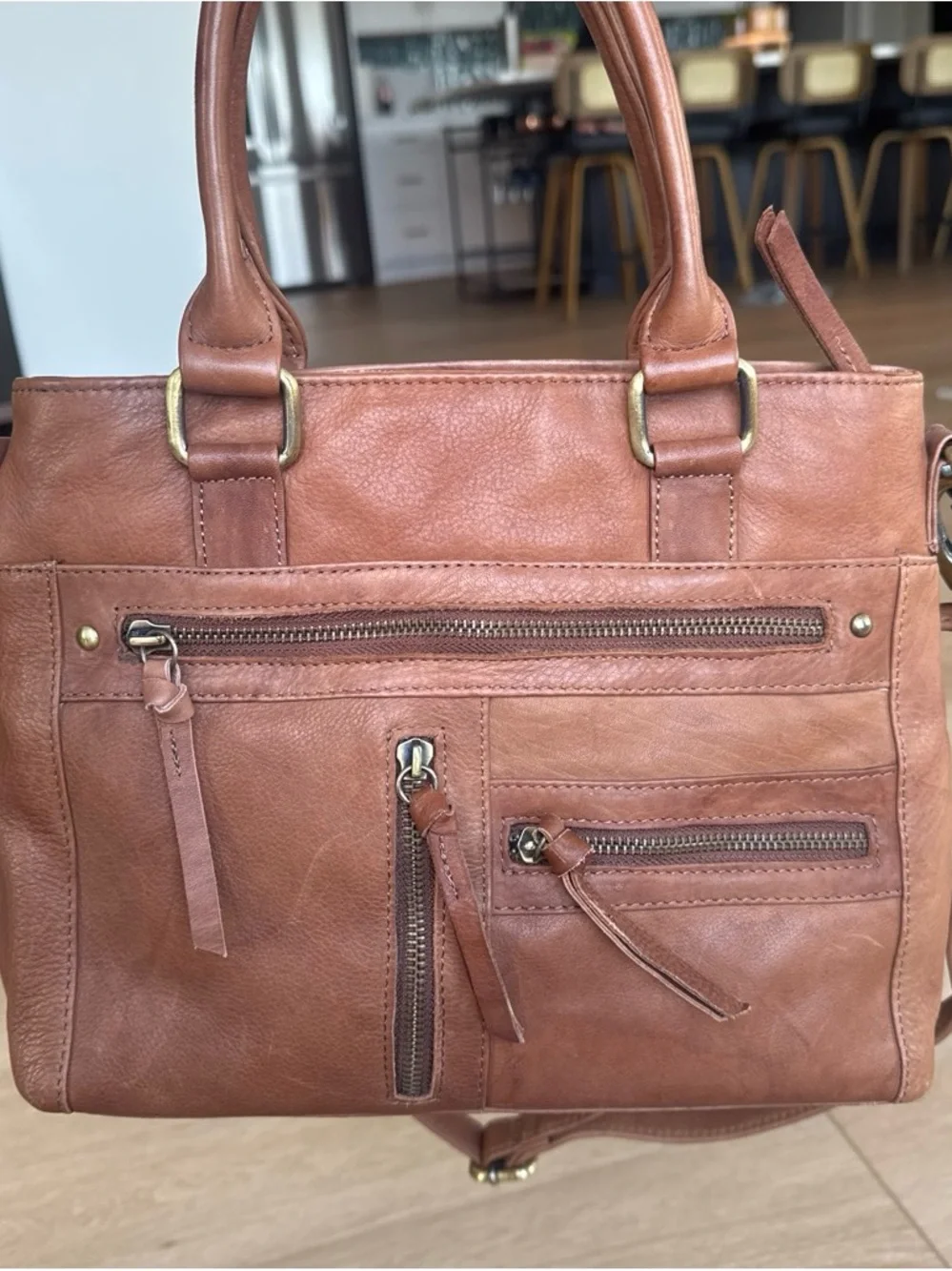 100% leather Structured Tan Satchel with Multiple Zip Pockets, Great American